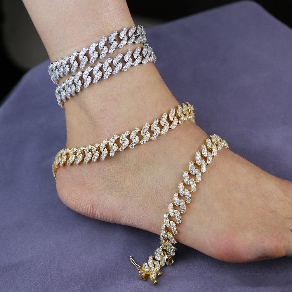 European And American Ins Hip Hop Full Diamond Cool Cuban Anklet Full Diamond Punk Accessories Golden Chain Ornament Width 14mm