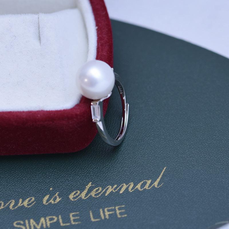 Freshwater 10-11mm White Perfect Circle Pearl Ring Female S925 Silver Simple Opening