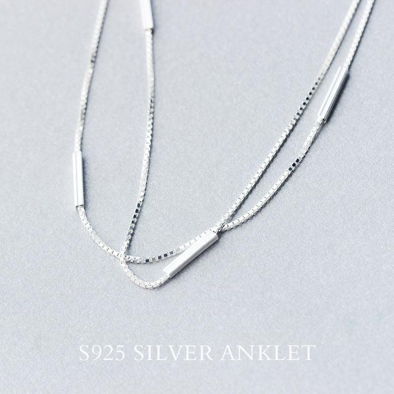 S925 Silver Anklet Female Fashion Simple One-word Round Stick Anklet Sen Series Literary Double Layer Anklet