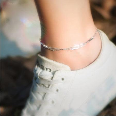 S925 Silver Anklet Female Fashion Simple One-word Round Stick Anklet Sen Series Literary Double Layer Anklet