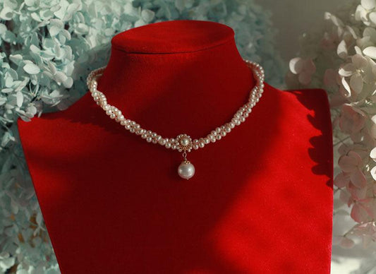 Vintage Antique French Natural Pearl Necklace Handmade Double-Layer Pearl Clavicle Chain Vintage Choker