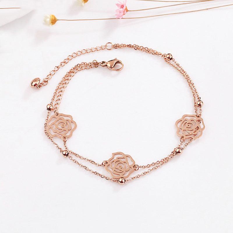 Sterling Silver Plated 18K Rose Gold Anklet Female Non-Fading Double-Layer Bells Girlfriend Foot Chain