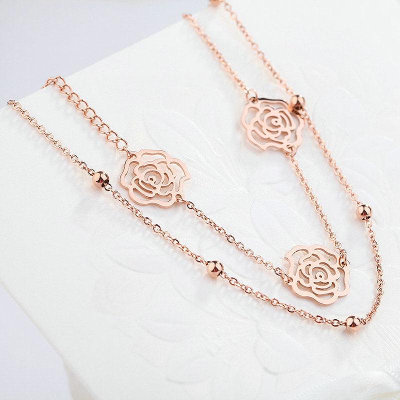 Sterling Silver Plated 18K Rose Gold Anklet Female Non-Fading Double-Layer Bells Girlfriend Foot Chain