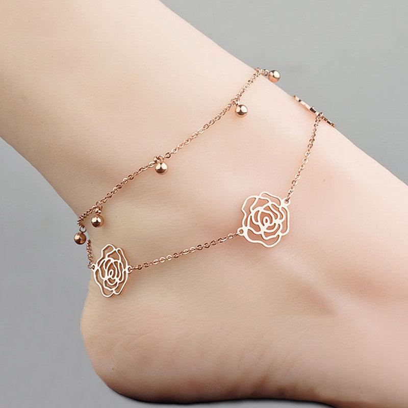 Sterling Silver Plated 18K Rose Gold Anklet Female Non-Fading Double-Layer Bells Girlfriend Foot Chain