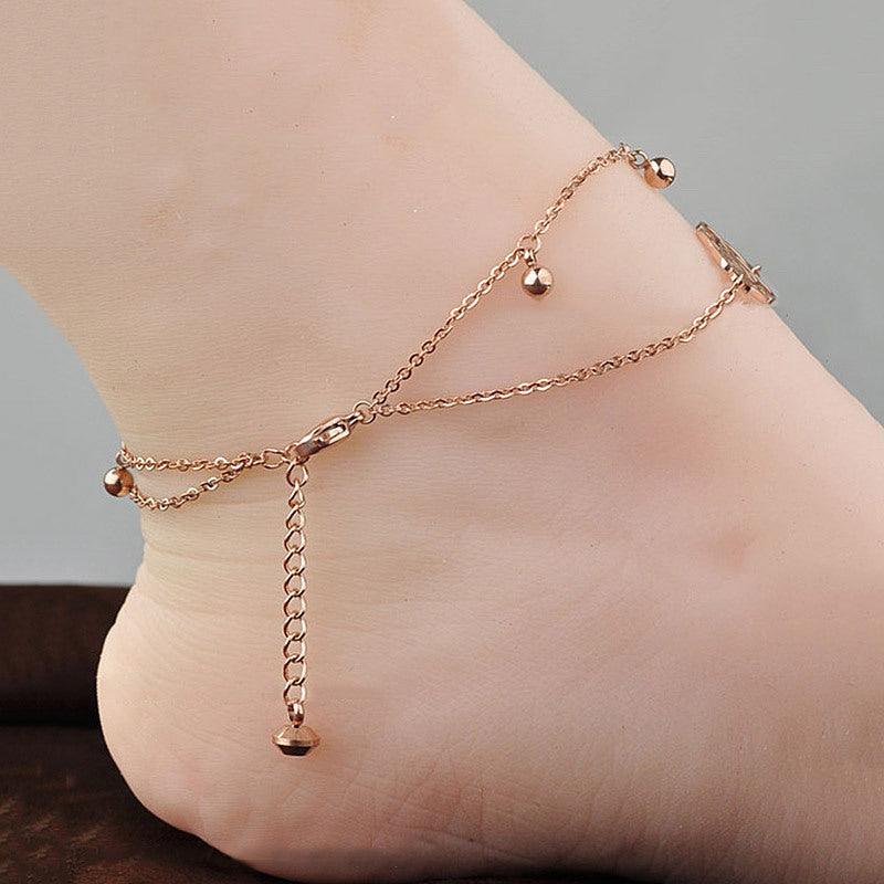 Sterling Silver Plated 18K Rose Gold Anklet Female Non-Fading Double-Layer Bells Girlfriend Foot Chain