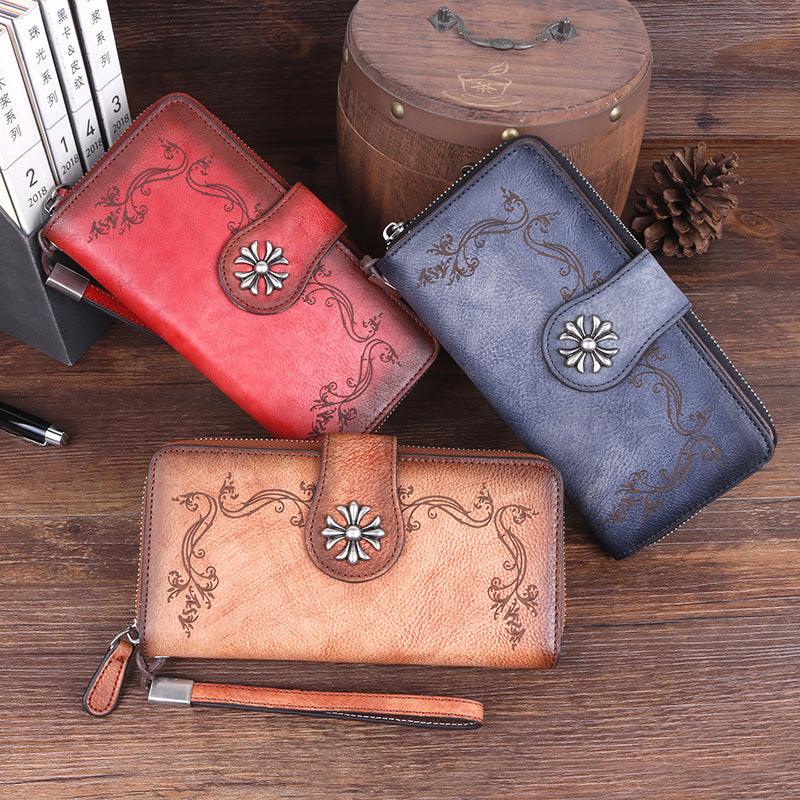 Cowhide hand-polished long wallet for women