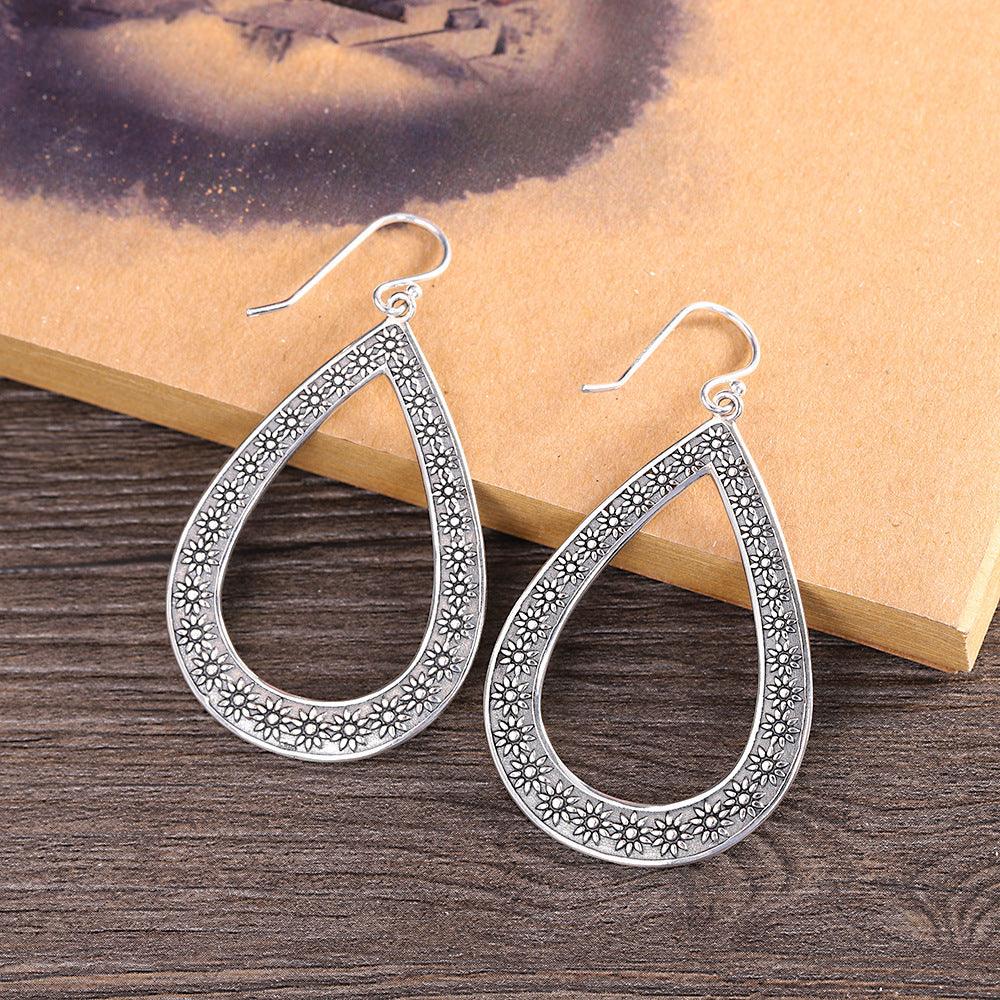 Women's Fashion Silver Engraved Floral Drop Earrings