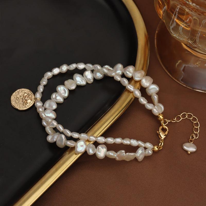 Embossed Coin Natural Freshwater Pearl Bracelet