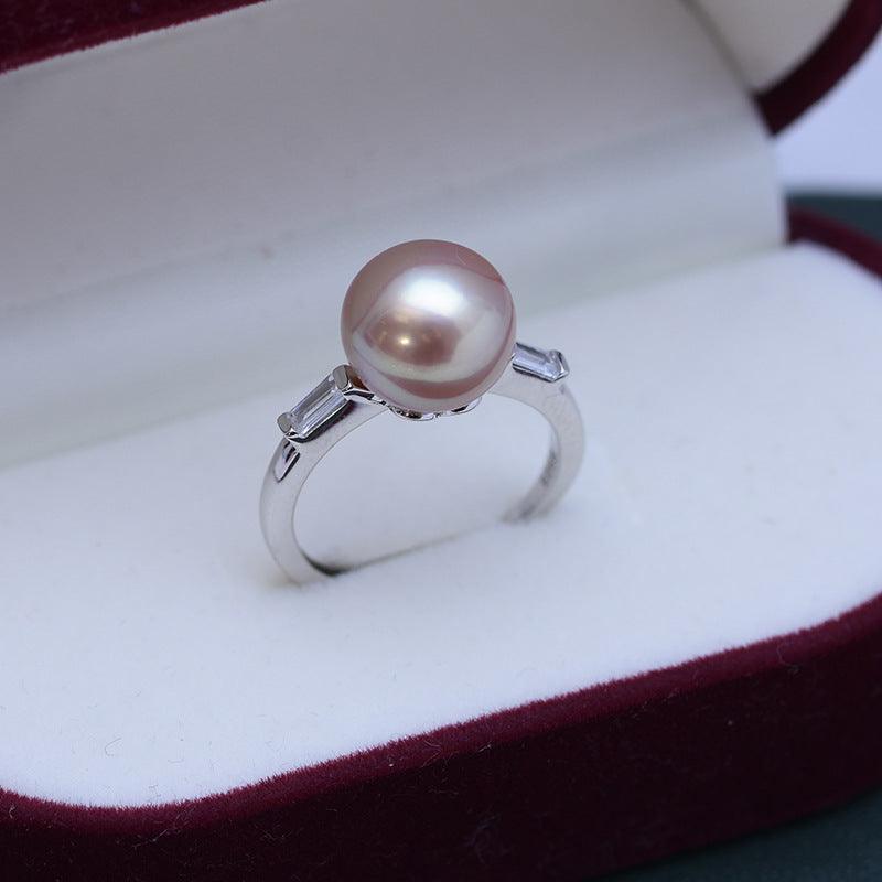 Freshwater 10-11mm White Perfect Circle Pearl Ring Female S925 Silver Simple Opening