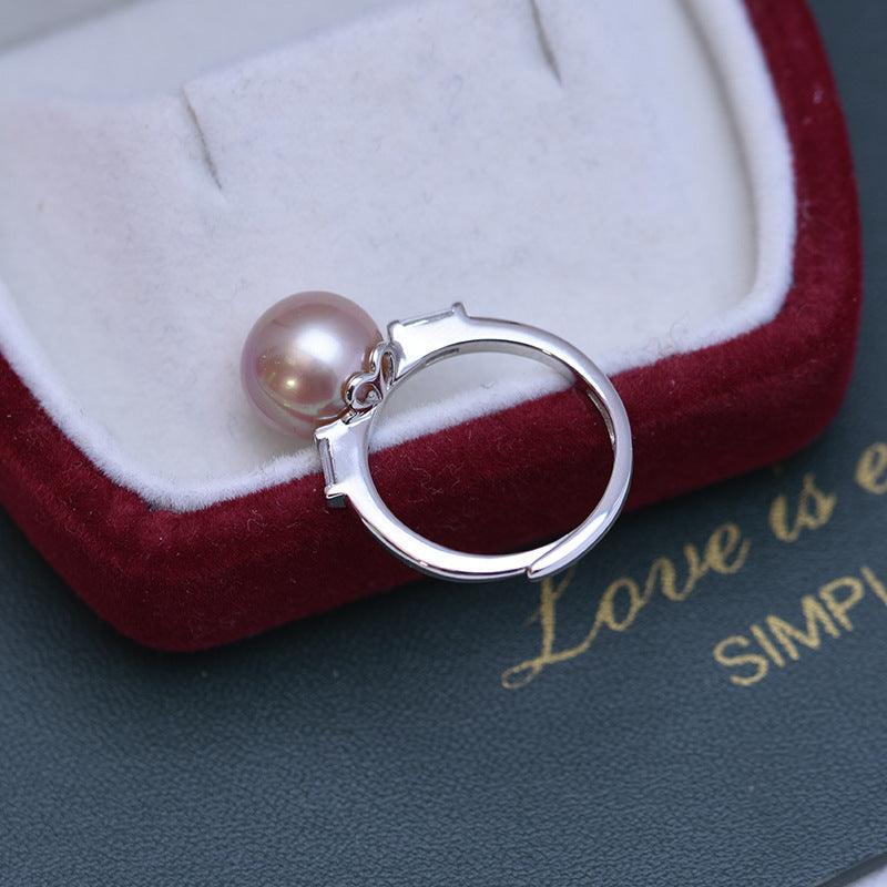 Freshwater 10-11mm White Perfect Circle Pearl Ring Female S925 Silver Simple Opening