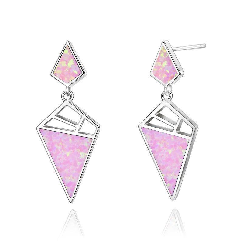 925 Sterling Silver Geometric With Opal Dangle Drop Stud Earrings