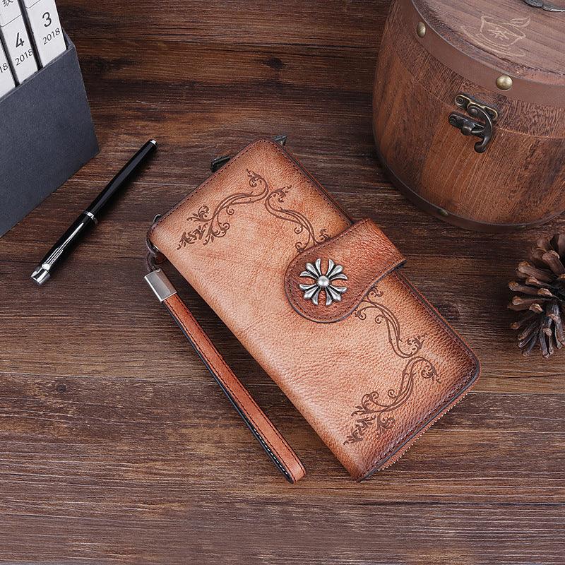 Cowhide hand-polished long wallet for women