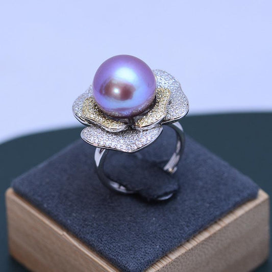 Freshwater 12-13mm White Perfect Circle Pearl Ring Female S925 Silver Flower Full Inlaid