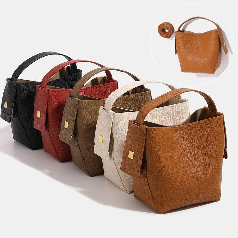 Vintage Damenhandtasche aus hochwertigem PU-Leder in Hellbraun, Schokoladenbraun, Rot und Weiss – vielseitig, robust und geräumig.