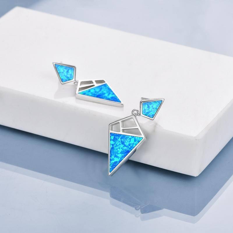 925 Sterling Silver Geometric With Opal Dangle Drop Stud Earrings