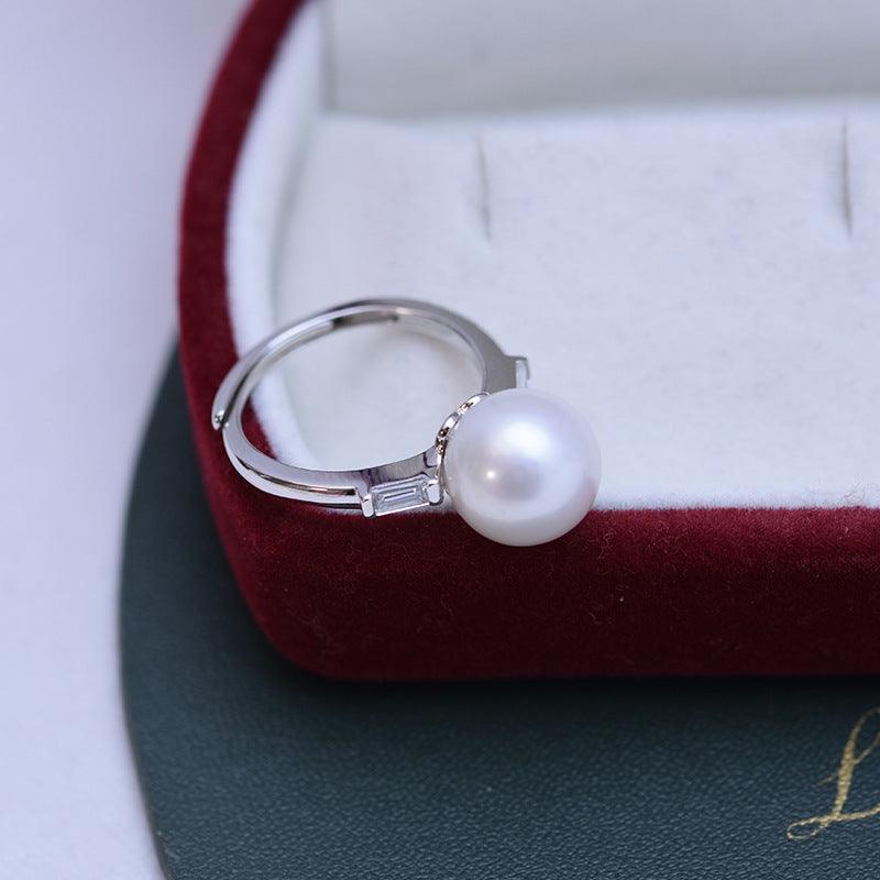 Freshwater 10-11mm White Perfect Circle Pearl Ring Female S925 Silver Simple Opening