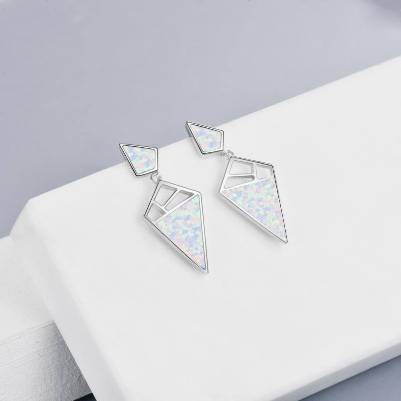 925 Sterling Silver Geometric With Opal Dangle Drop Stud Earrings