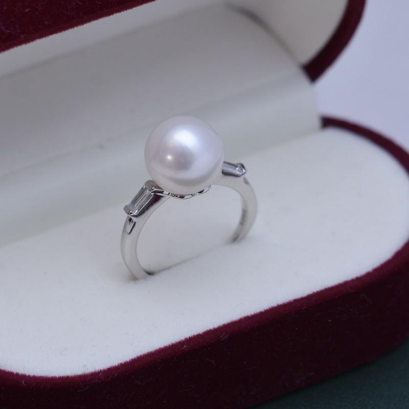 Freshwater 10-11mm White Perfect Circle Pearl Ring Female S925 Silver Simple Opening