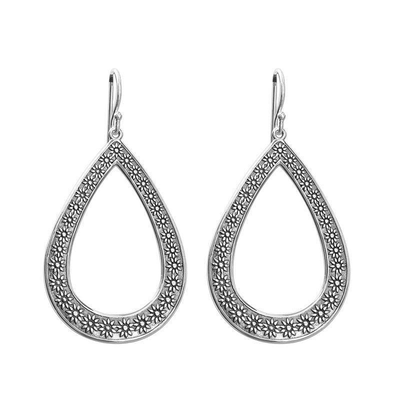 Women's Fashion Silver Engraved Floral Drop Earrings