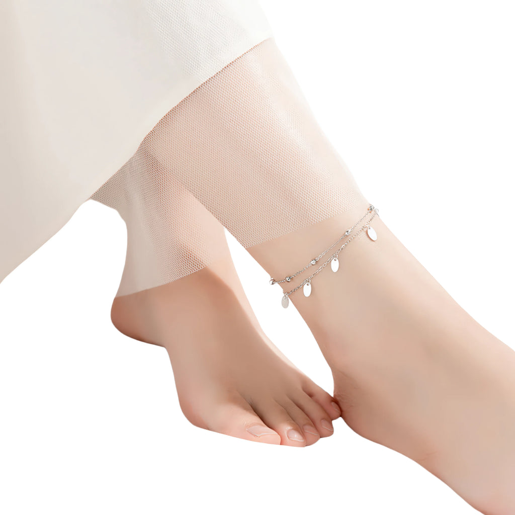 Fusskettchen 925 Sterling Silber Damen – doppelte Linie mit Plättchen, verstellbar