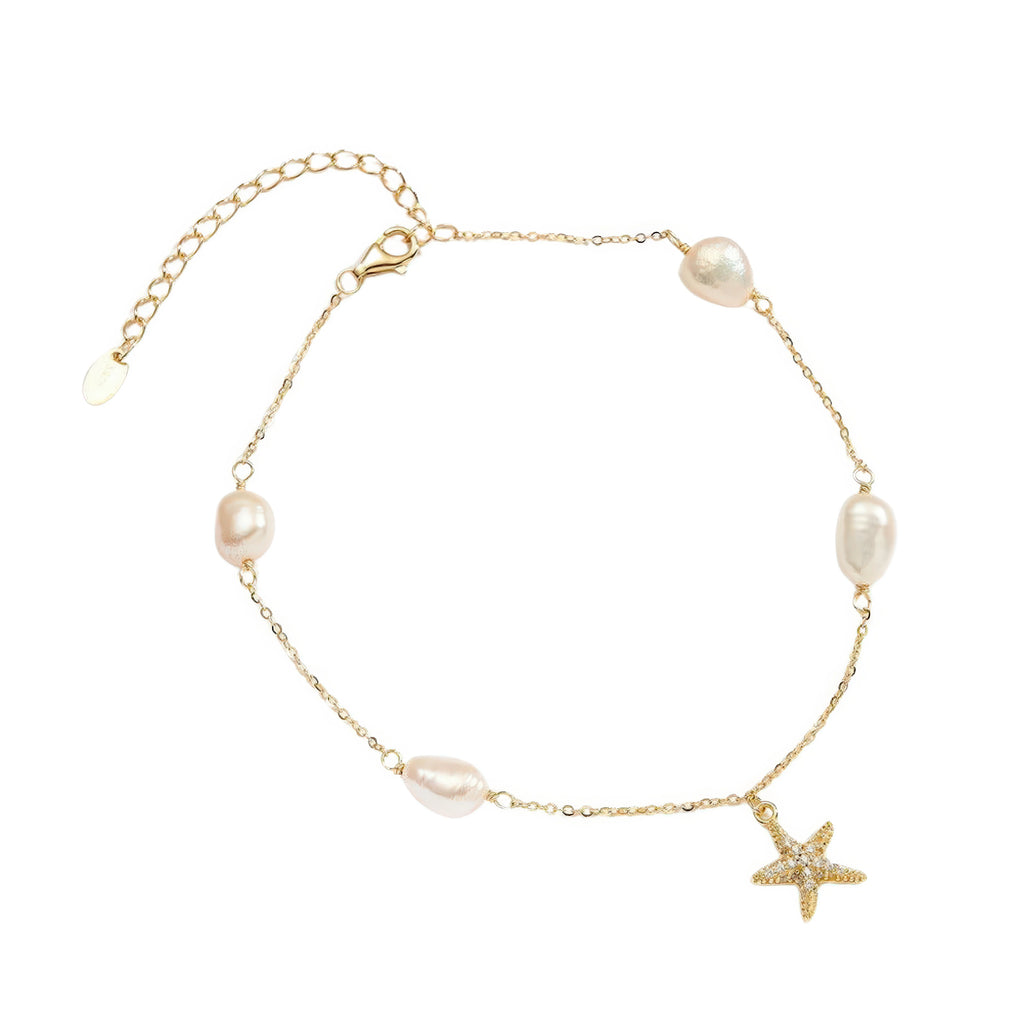 Produktfoto – Fusskettchen Stern und Perlen 925 Silber Damen, wahlweise vergoldet
