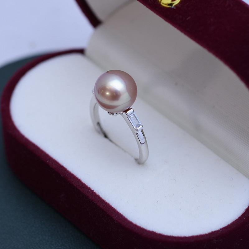 Freshwater 10-11mm White Perfect Circle Pearl Ring Female S925 Silver Simple Opening