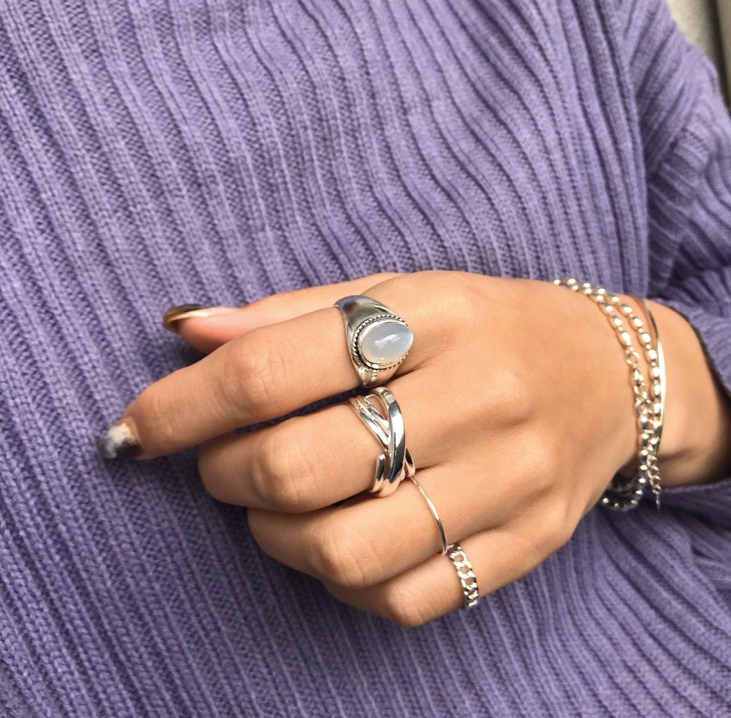 925 sterling silver white agate ring