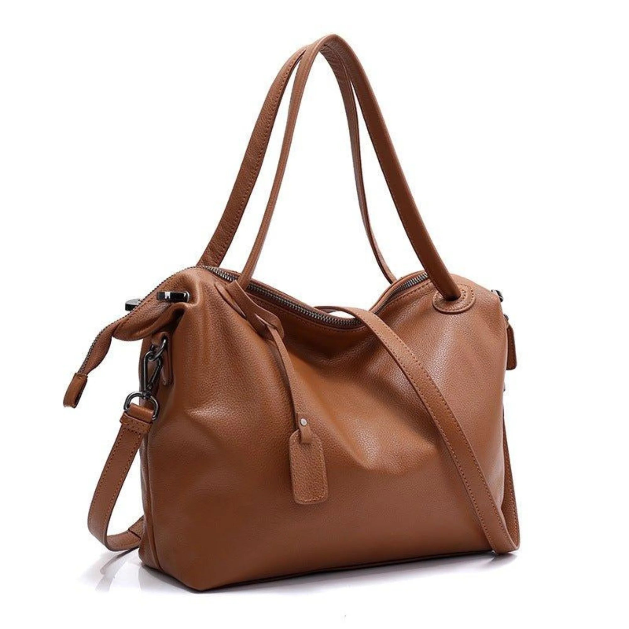 Cognacfarbene Echtledertasche mit klarer Silhouette, langen Henkeln und abnehmbarem Gurt