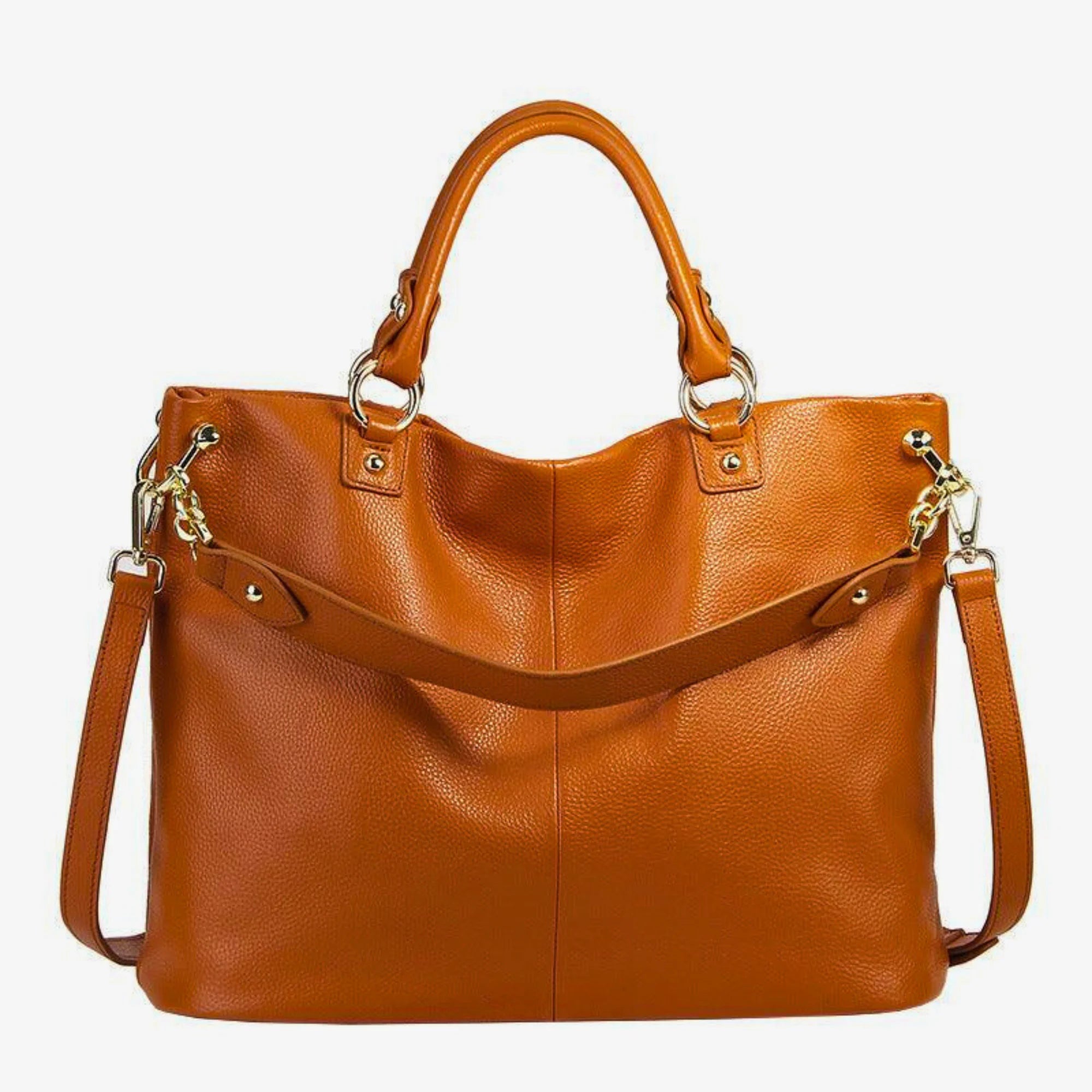 Karamellbraune große Ledertasche mit strukturierter Oberfläche und Schultergurt