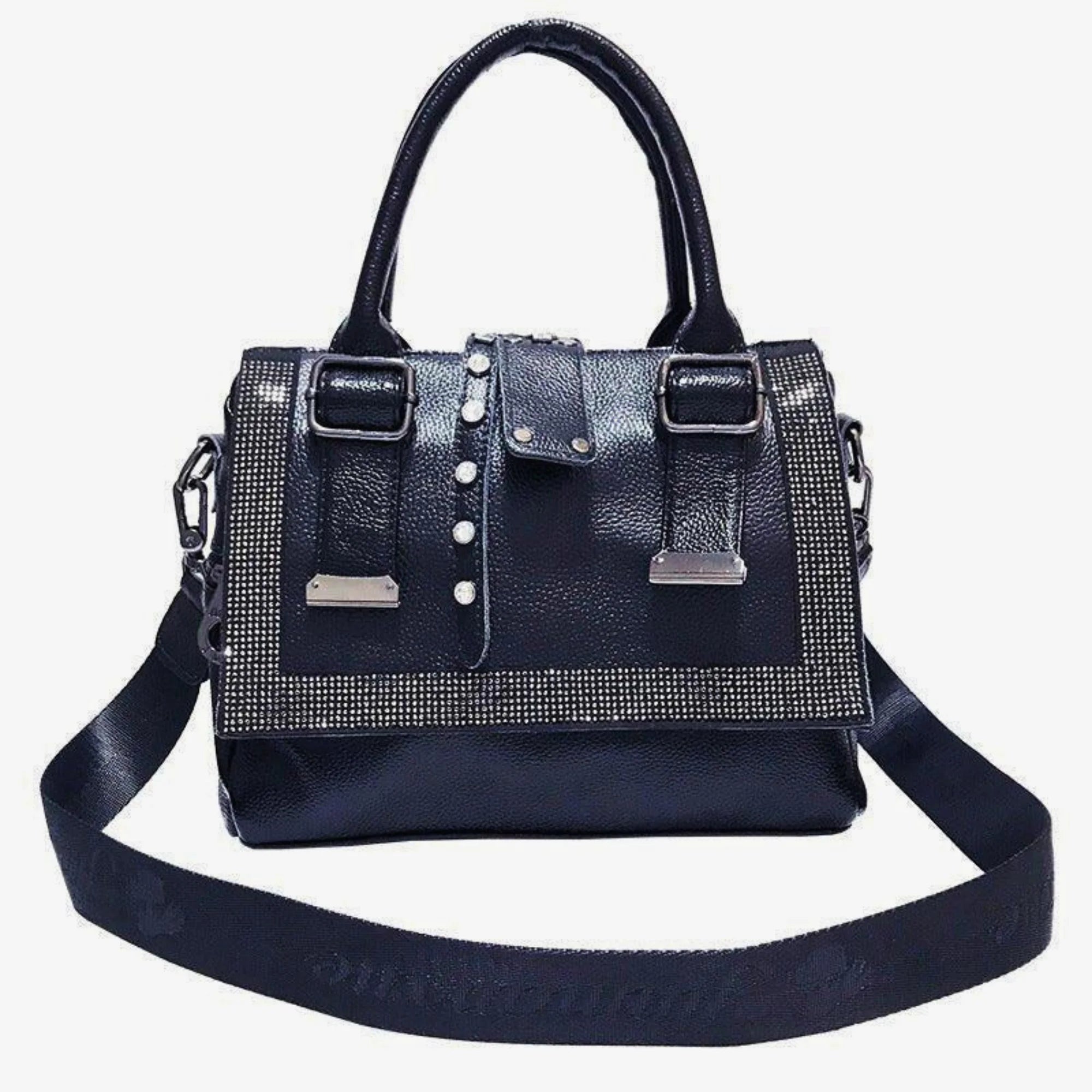 Frontansicht der Lederhandtasche mit Riemen und Strassrahmen – klassisch & edel