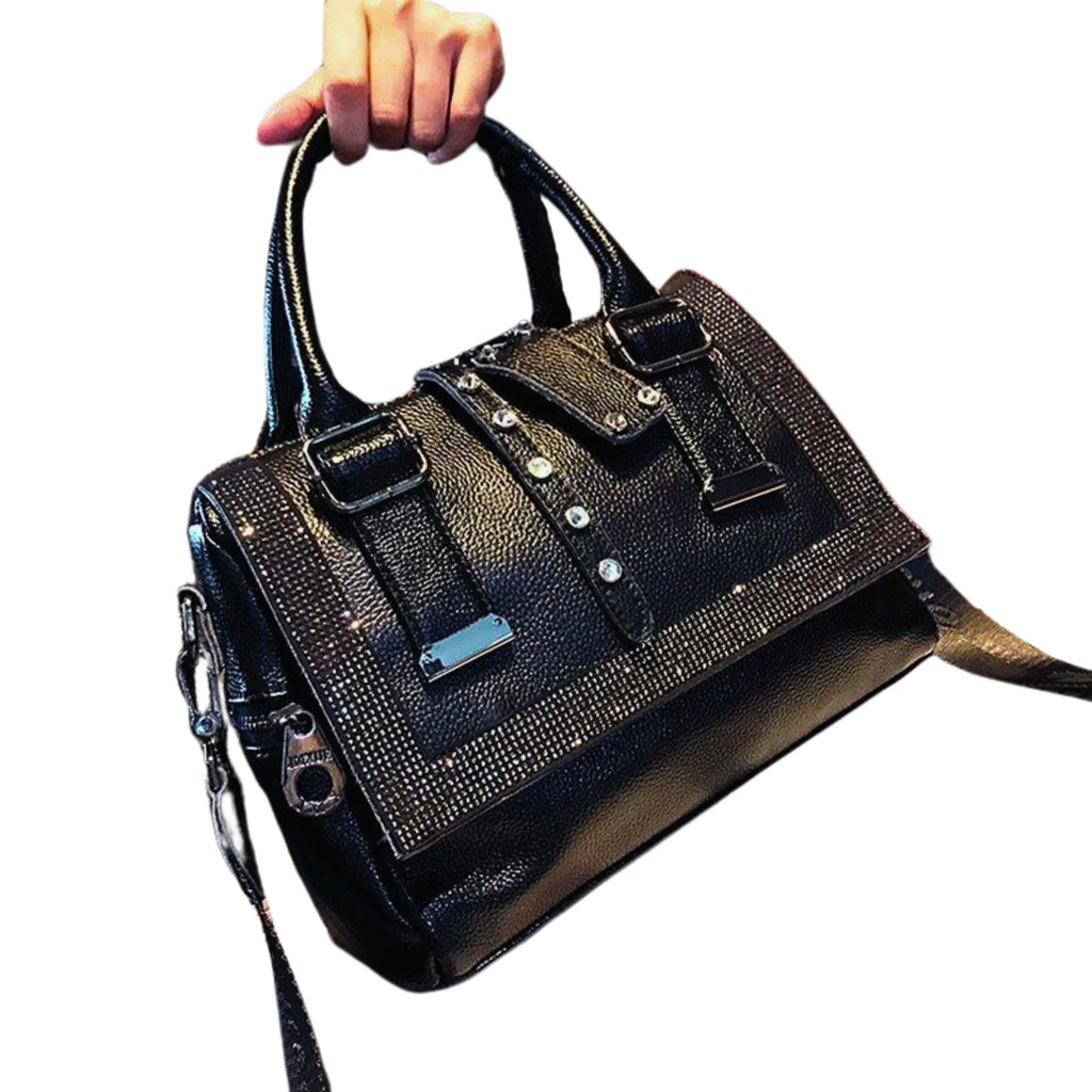 Schwarze Glanz-Struktur-Tasche mit Glattlederanteil und Gürtel-Deko