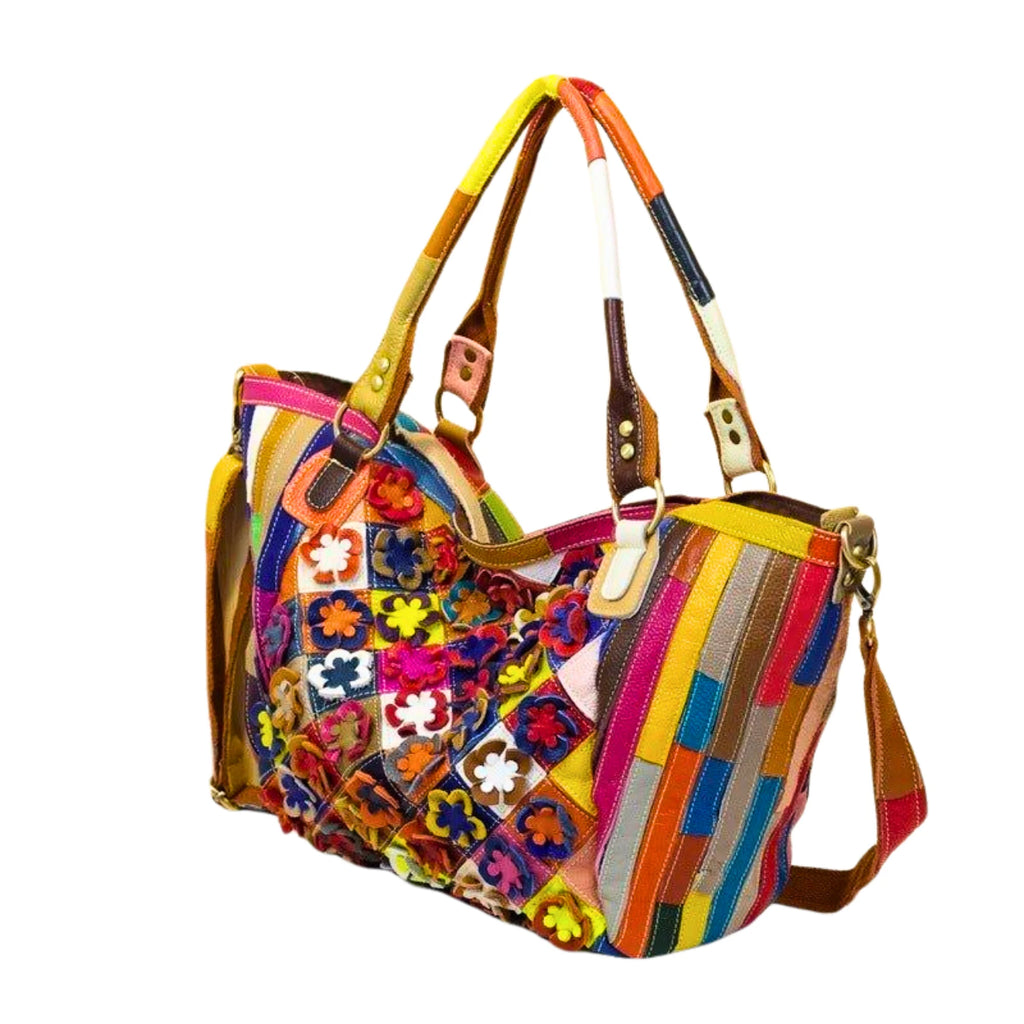 Seitlich getragene Lederhandtasche mit handgenähtem Patchwork und Kontrasthenkeln