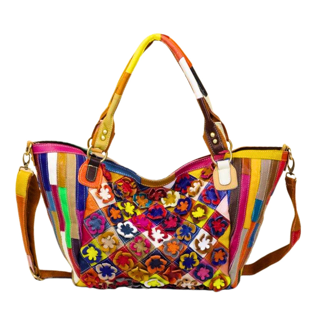 Bunte Dumpling-Bag aus Rindsleder mit Blumenmuster, Patchworkstruktur und Henkeln