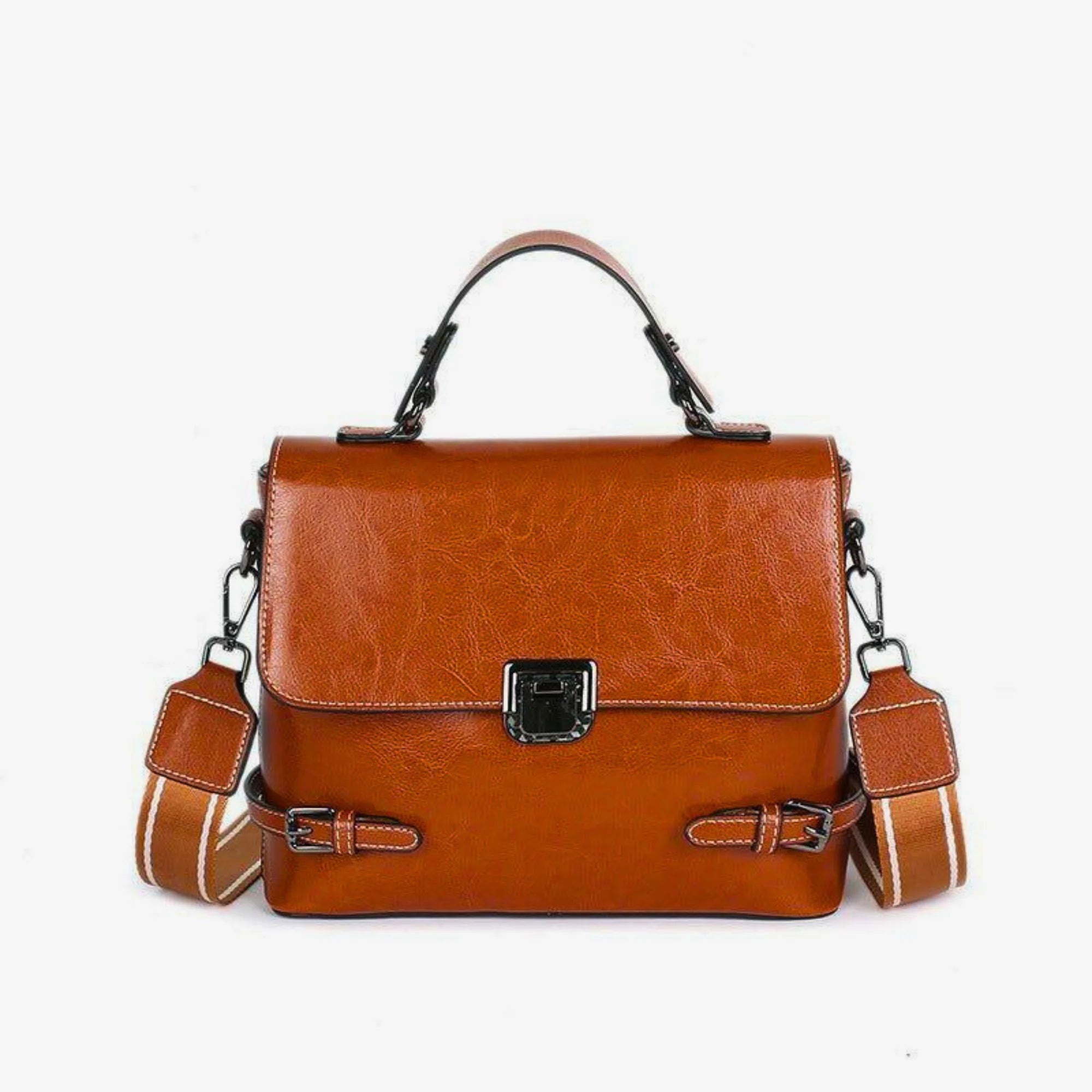 Mittelgrosse Rindslederhandtasche in Cognac mit Deckelverschluss und Gürtel-Akzent