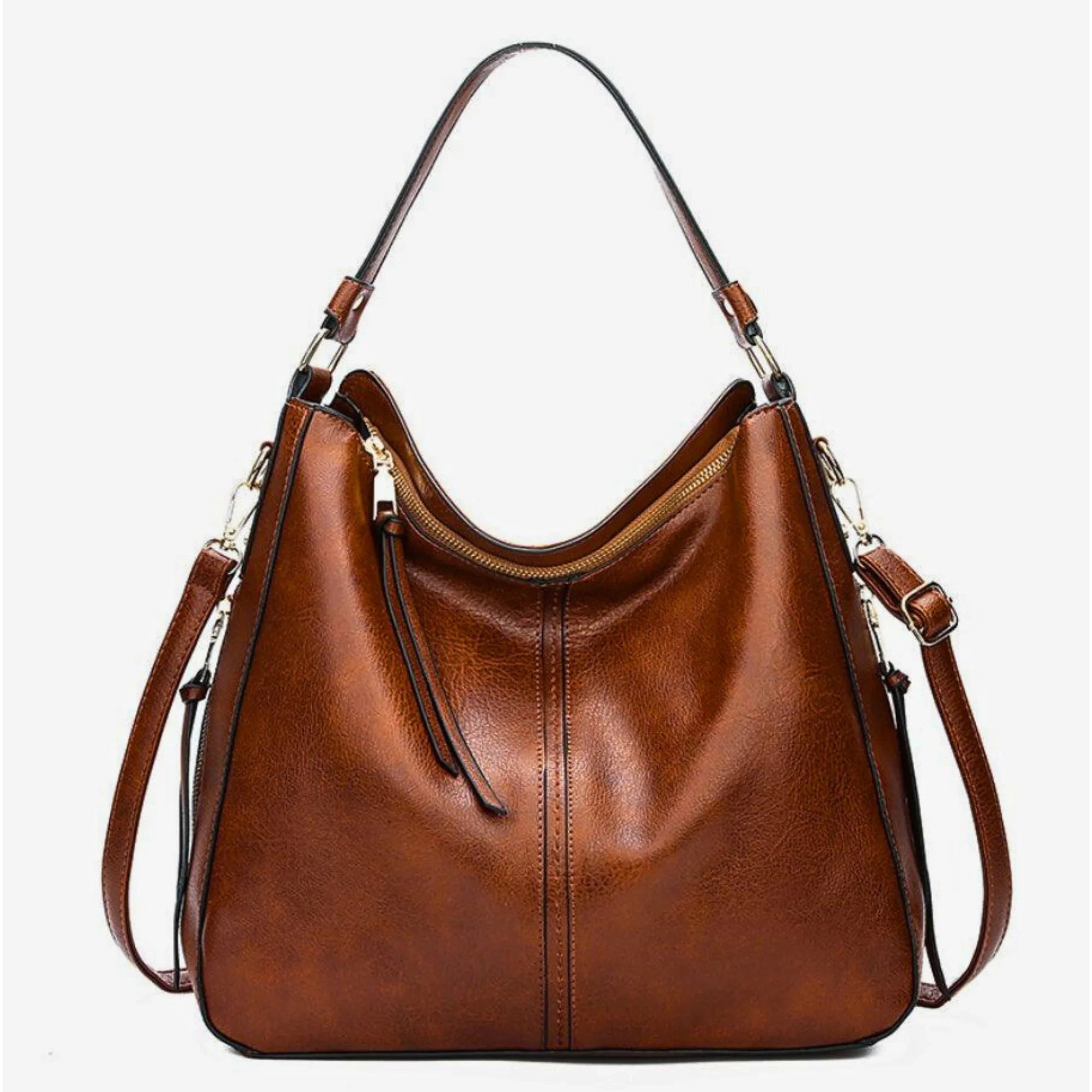 Braune Echtledertasche mit goldener Hardware, Reissverschluss und Doppelriemen