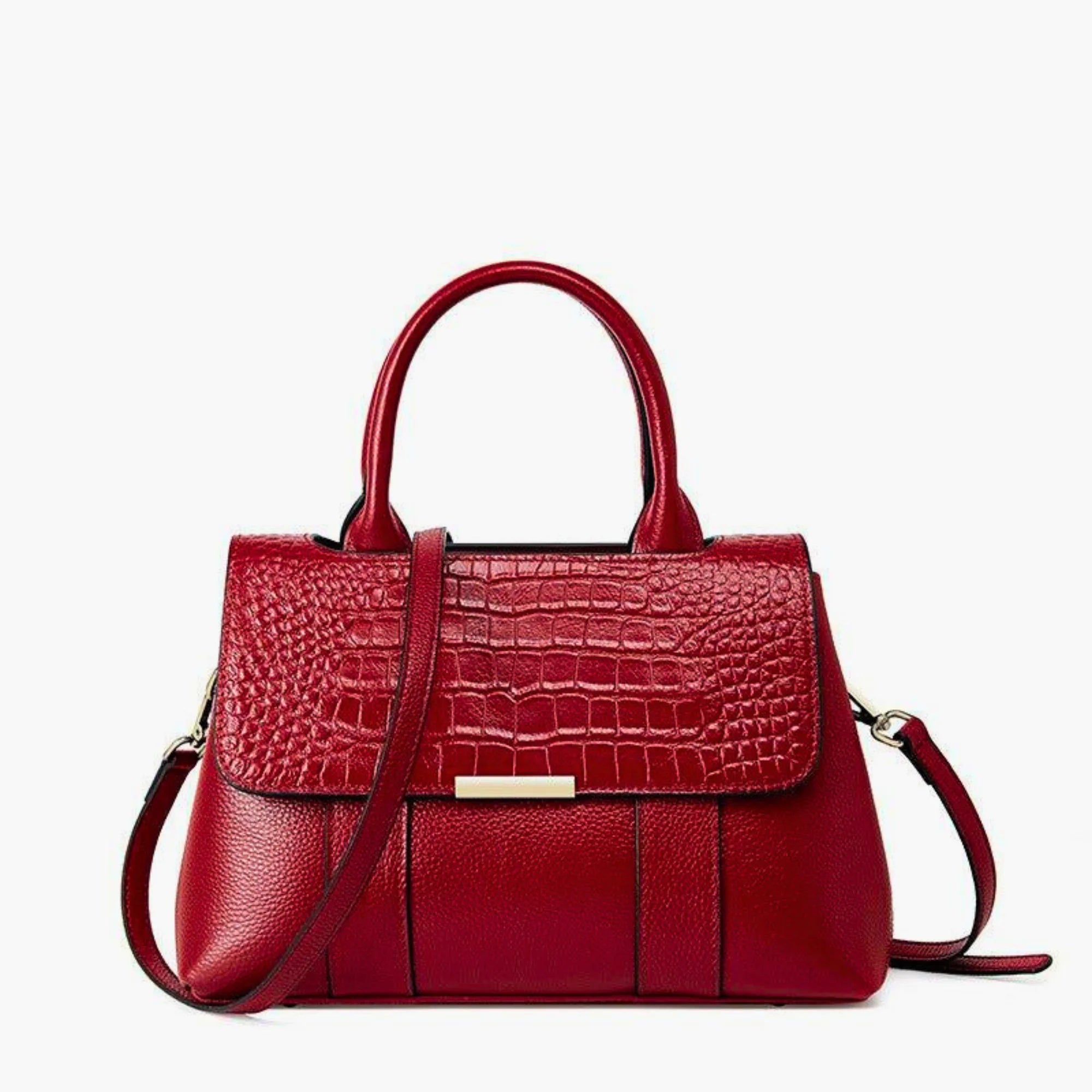 Klassische Echtleder-Handtasche in Weinrot mit Krokoprägung und goldener Hardware