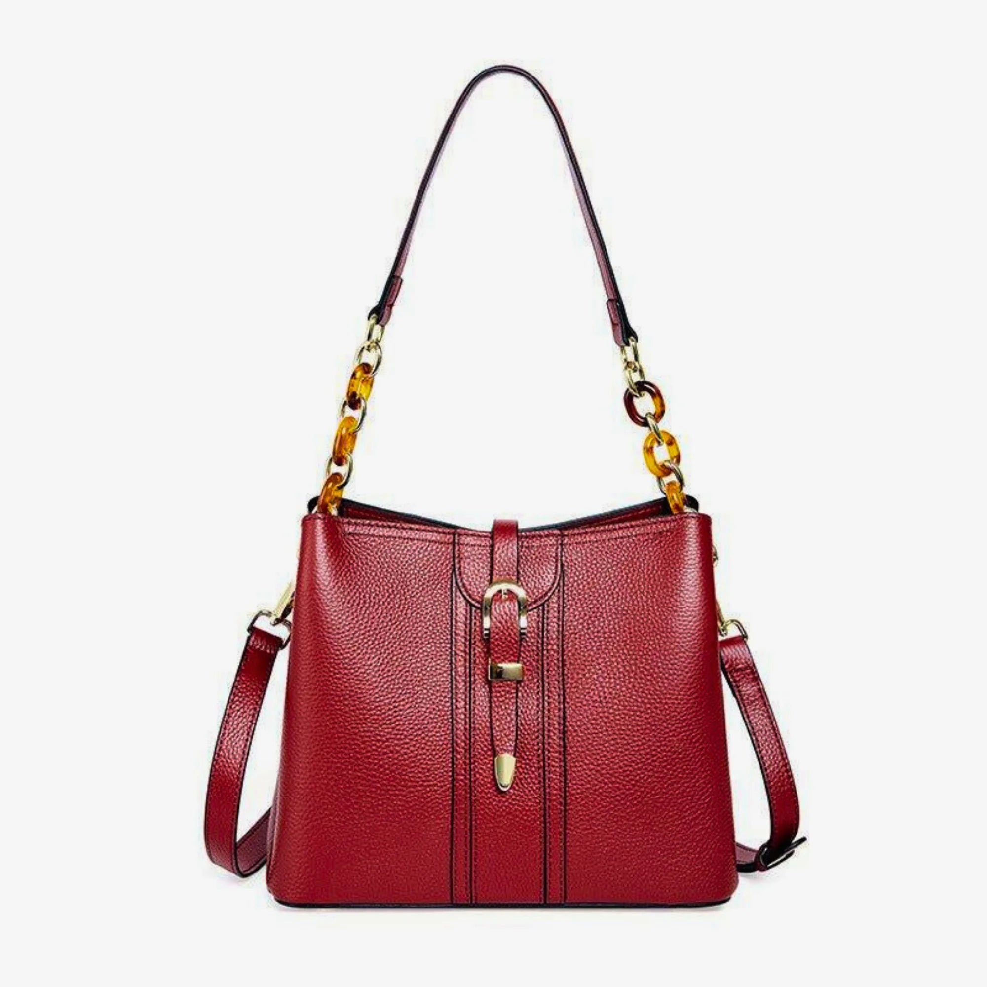 Weinrote Lederhandtasche mit Buckle-Detail und kurzem Tragegriff, strukturiert