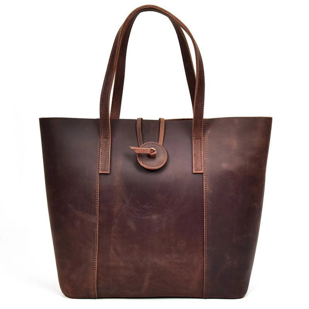 Dunkelbraune Ledertasche mit runden Trägern und Schlaufenverschluss – naturbelassen, markenfrei