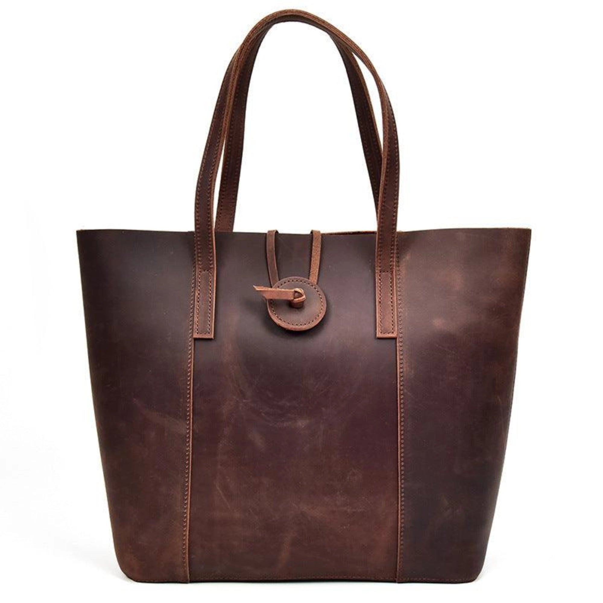 Dunkelbraune Ledertasche mit runden Trägern und Schlaufenverschluss – naturbelassen, markenfrei