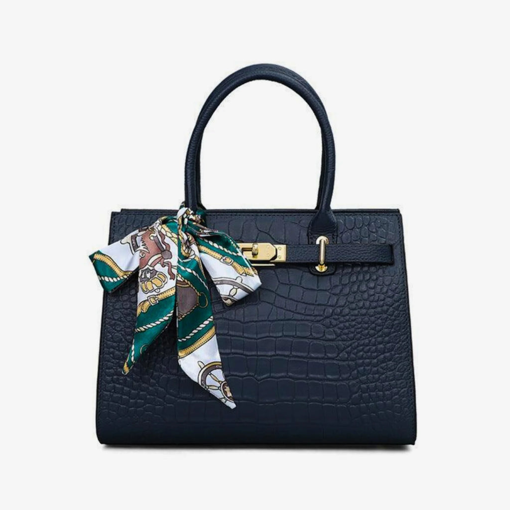 Navyfarbene Damenhandtasche in Croco-Optik mit Halstuch und goldener Schliesse
