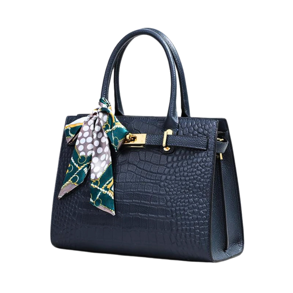 Blau strukturierte Handtasche aus Rindsleder mit Halstuch und goldener Hardware