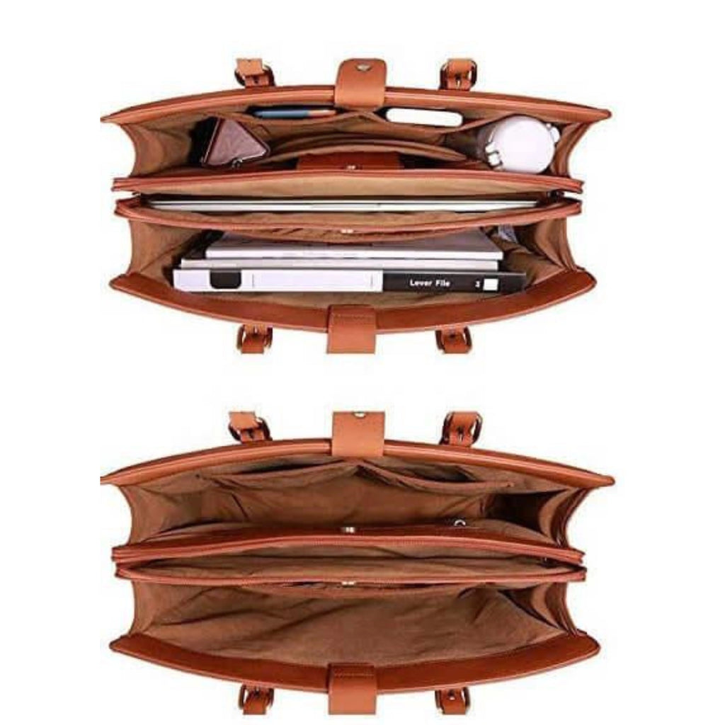 Cognac Tasche mit Nahaufnahmen von Verschluss, Riemen und Quaste