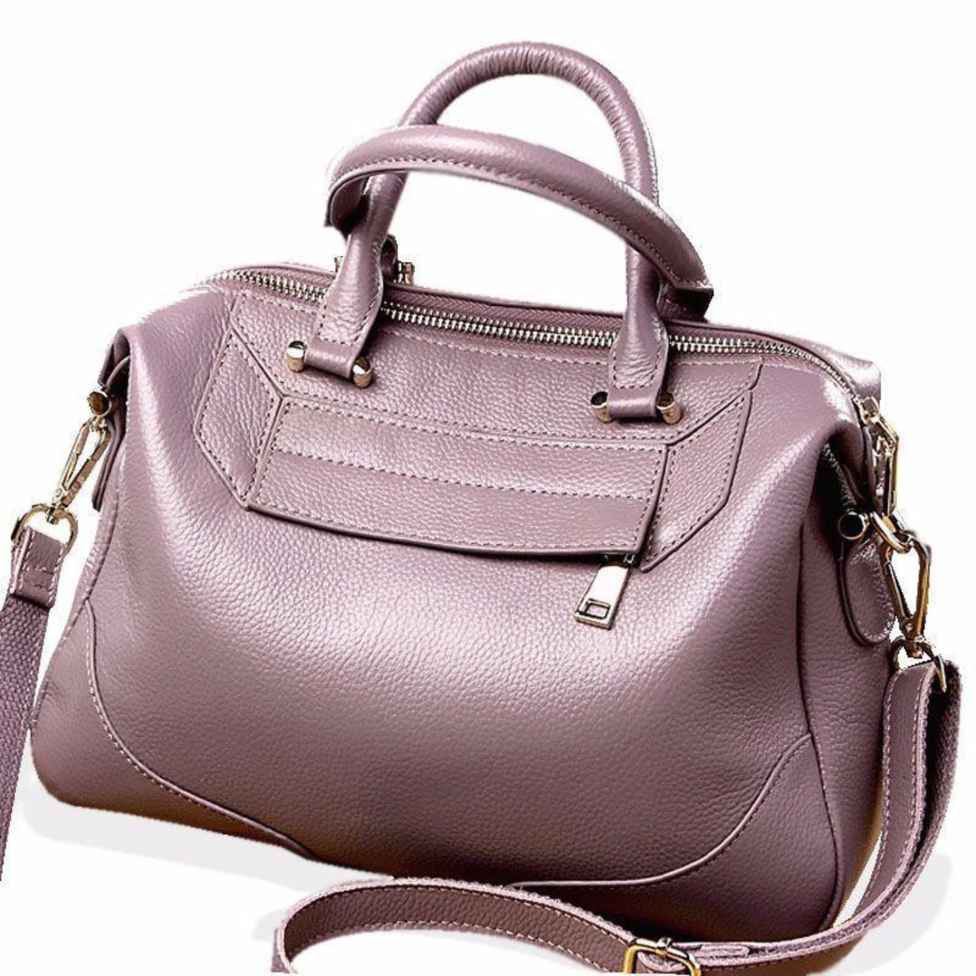 Zartrosafarbene Damenhandtasche aus genarbtem Leder mit Doppelgriff und Zipper