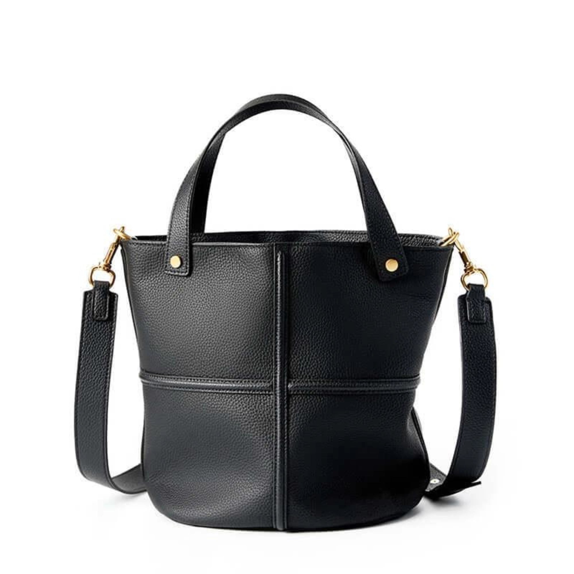 Schwarzer Echtleder-Shopper mit Schulterriemen und kurzen Henkeln – klare Linien, goldene Details