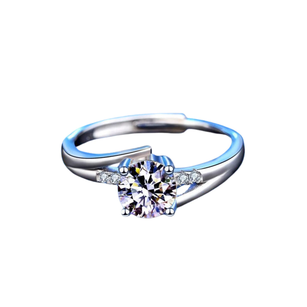 Silberring mit offenem Aufbau und zentralem Glanzstein – verstellbar