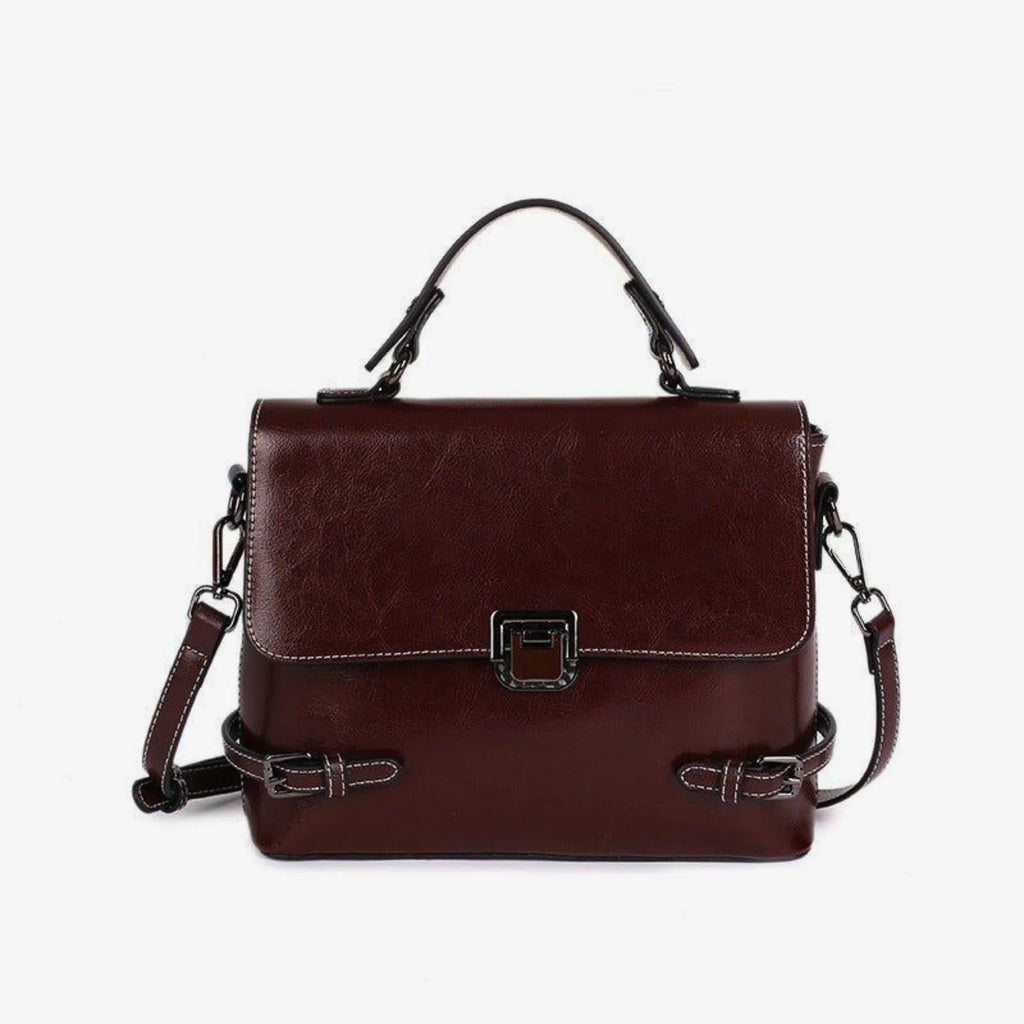 Dunkelbraune Echtledertasche mit Gürtel-Dekoration, Deckelöffnung und Crossbody-Gurt