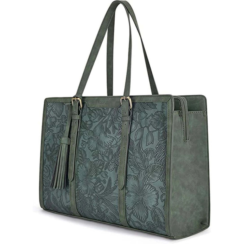 Grüner Shopper aus PU-Leder mit floraler Prägung und Quaste