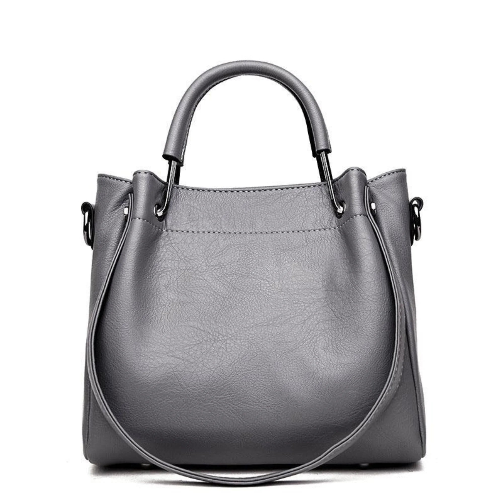Graue Damenhandtasche mit klassischer Bucketform, glatter Oberfläche und Retro-Look