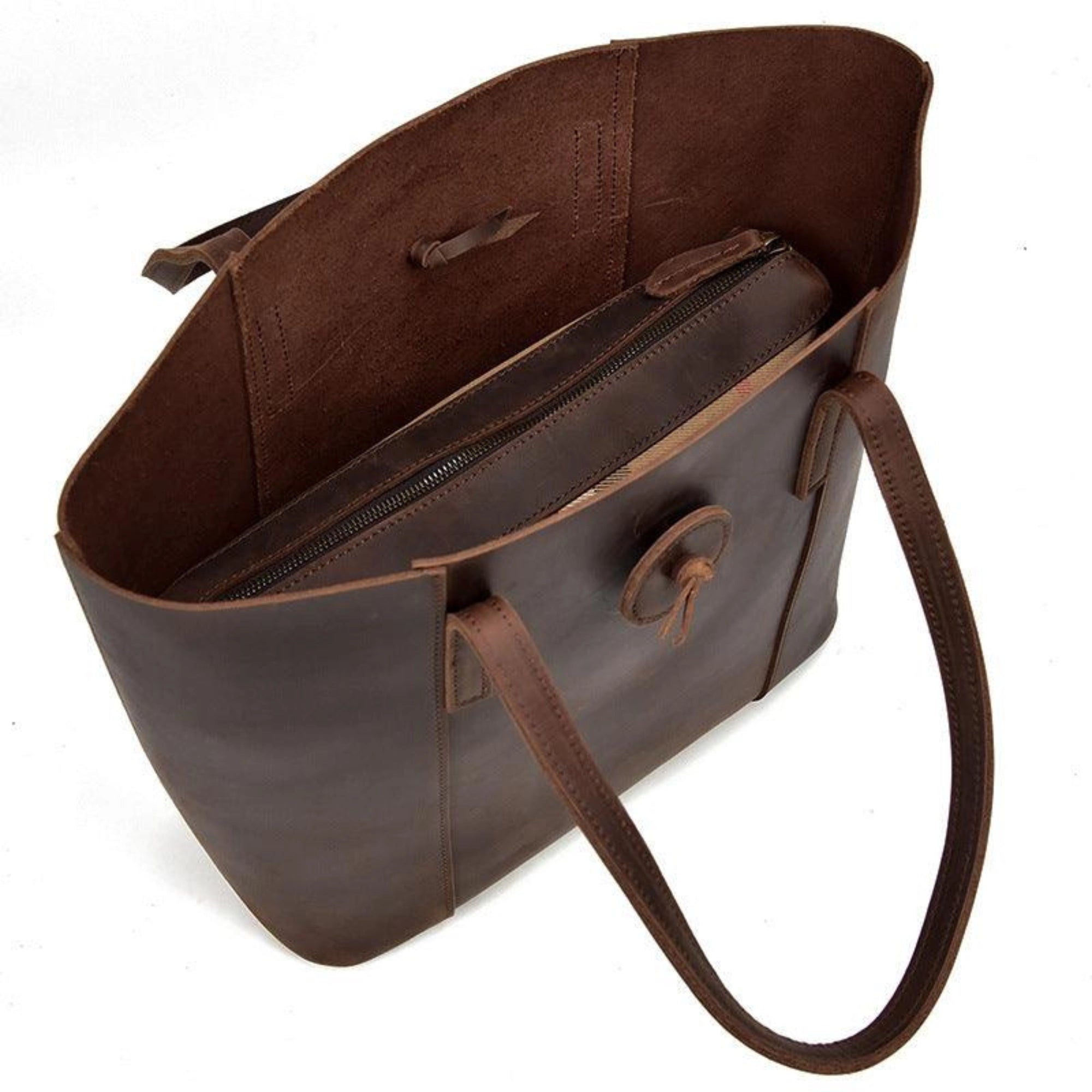 Offene Echtledertasche mit herausnehmbarem Canvas-Etui und integriertem Reissverschlussfach