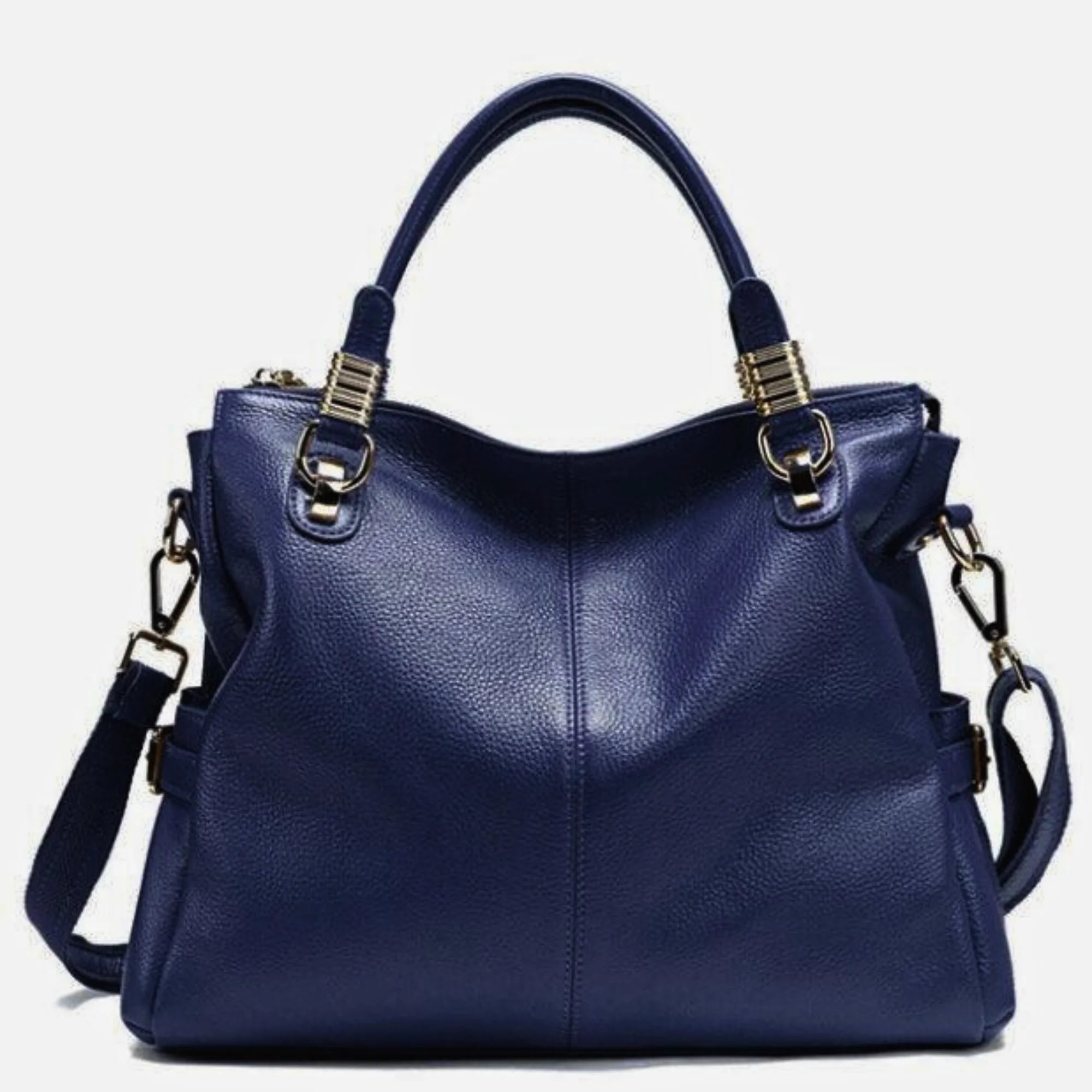 Dunkelblaue Lederhandtasche mit goldenen Details und weichem Crossbody-Riemen